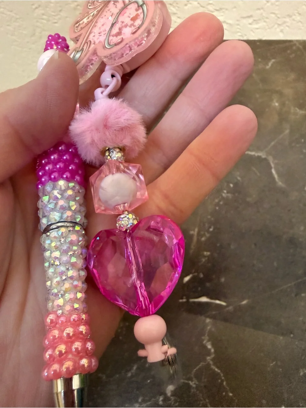 Pink Stethoscope and Hearts Rhinestone Beaded Pen and Matching Badge Reel Set